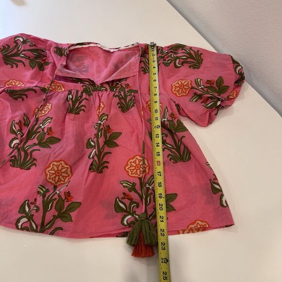 Thml Puff Sleeve Floral Tassel Tie Top Pink Multi XS Tropical Vacation Resort - Picture 10 of 10